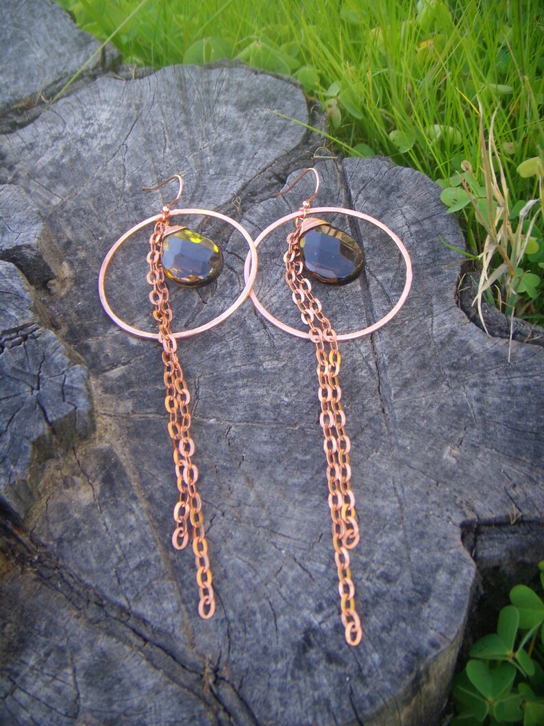 Copper Hoop Chain Earrings Smoky Quartz Earrings Long Dangle Earrings Hammered image 3