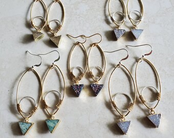 Cosmic Collection, Druzy Earring, Tribal Chic earrings , Sparkly Earrings, Geometric Earrings, Ovals, Triangles, Wire Wrapped, Intergalactic