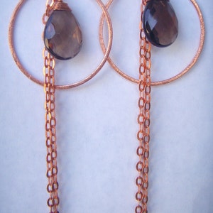 Copper Hoop Chain Earrings Smoky Quartz Earrings Long Dangle Earrings Hammered image 5