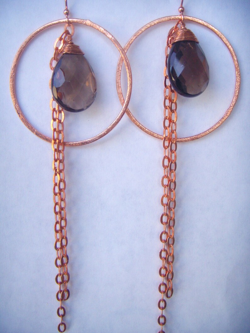 Copper Hoop Chain Earrings Smoky Quartz Earrings Long Dangle Earrings Hammered image 5