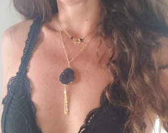 Wrap Necklace,  Black Agate Necklace, Gold Chain necklace, Tassel Necklace, Long Necklace, Layered Necklace, Gold Filled, Geode Necklace