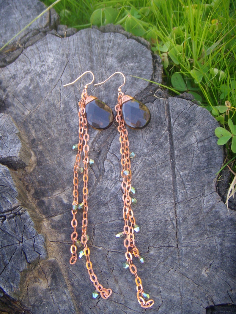 Copper Chain Earrings Smoky Quartz Earrings Extra Long Dangle Earrings Copper Earrings Crystal Accents image 3