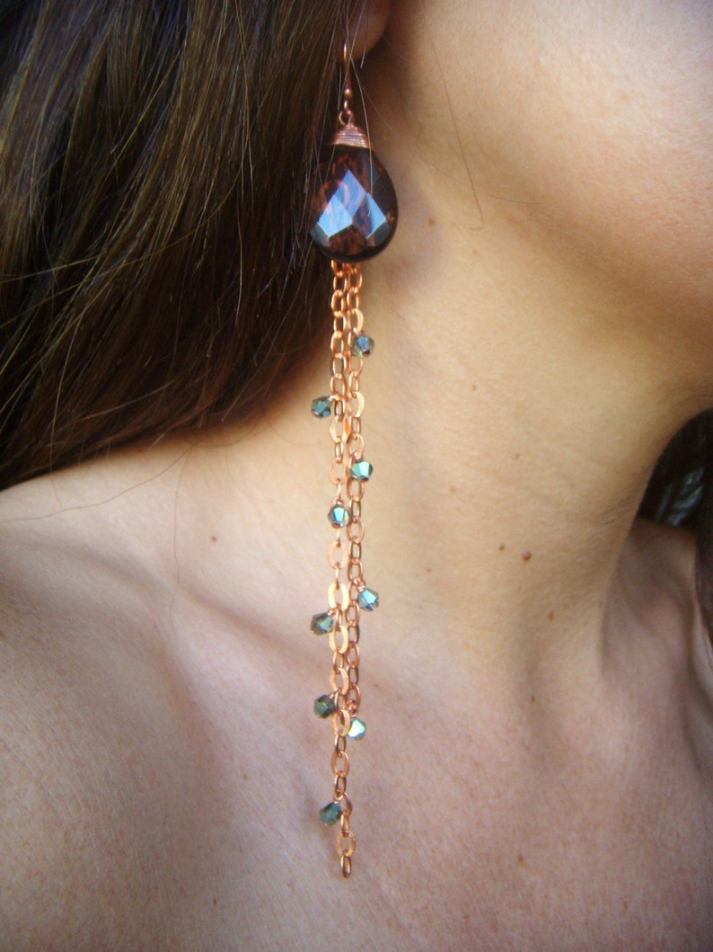Copper Chain Earrings Smoky Quartz Earrings Extra Long Dangle Earrings Copper Earrings Crystal Accents image 2