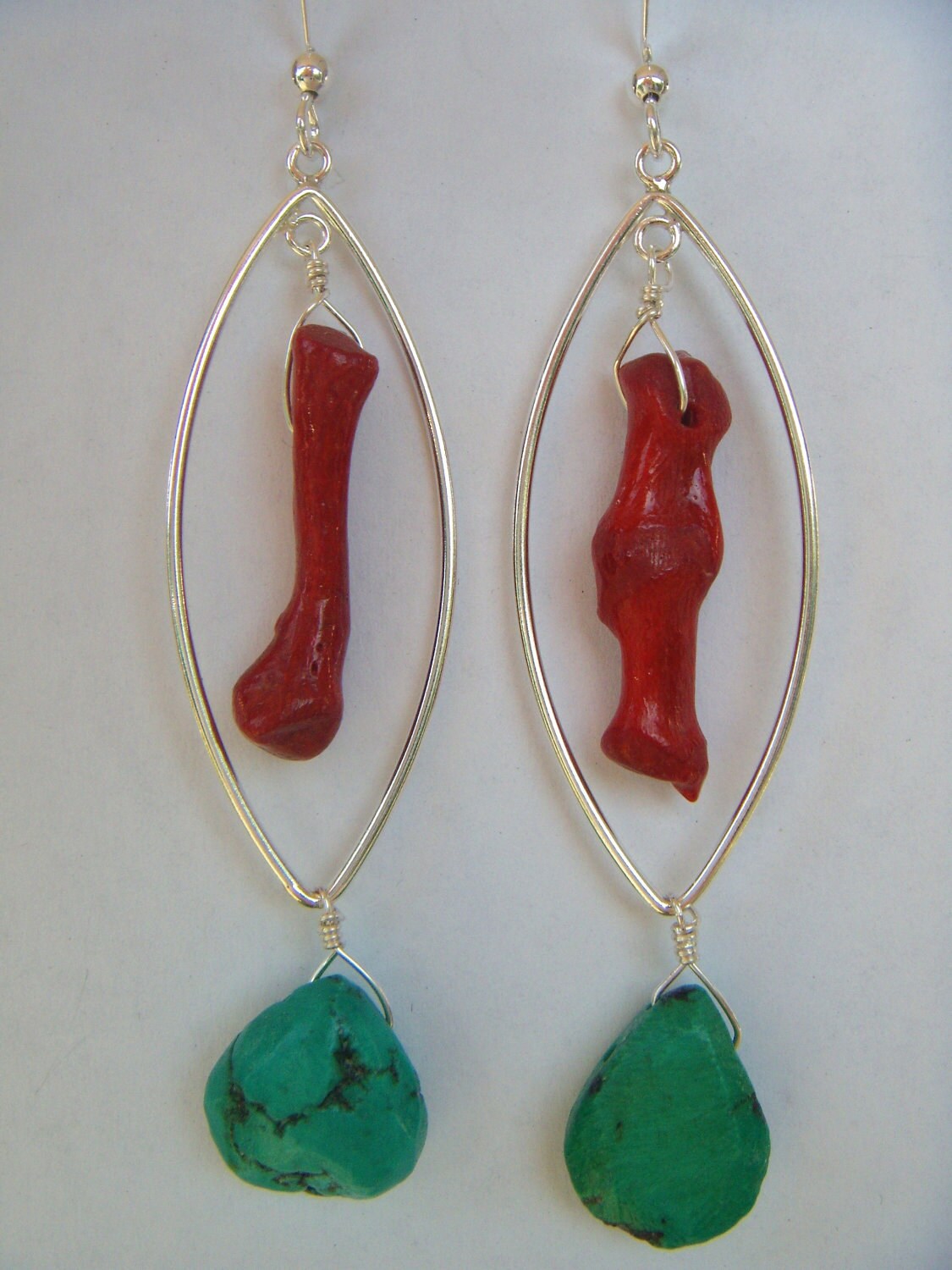 Turquoise Coral Earrings Red Blue Dangle Earrings Sterling | Etsy