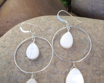 Mother of Pearl Earrings  Shell Earrings - Sterling Silver Hoop Dangle Earrings - White Earrings