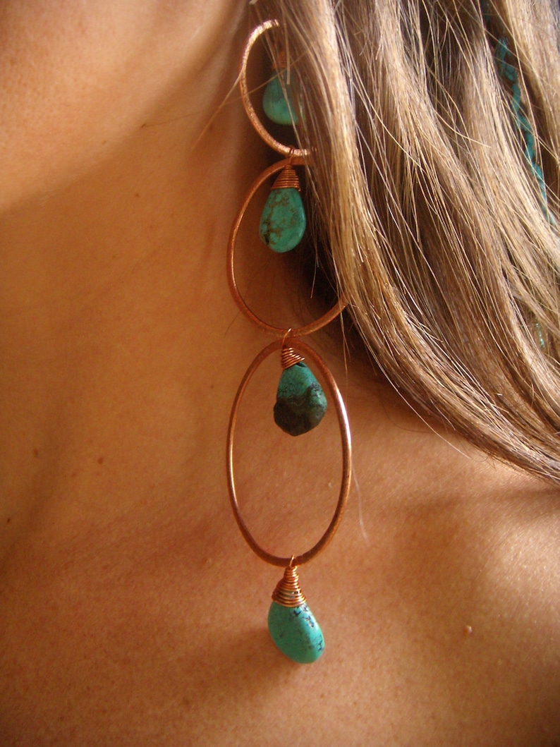 Extra Long Dangle Earrings Turquoise Hammered Copper Etsy