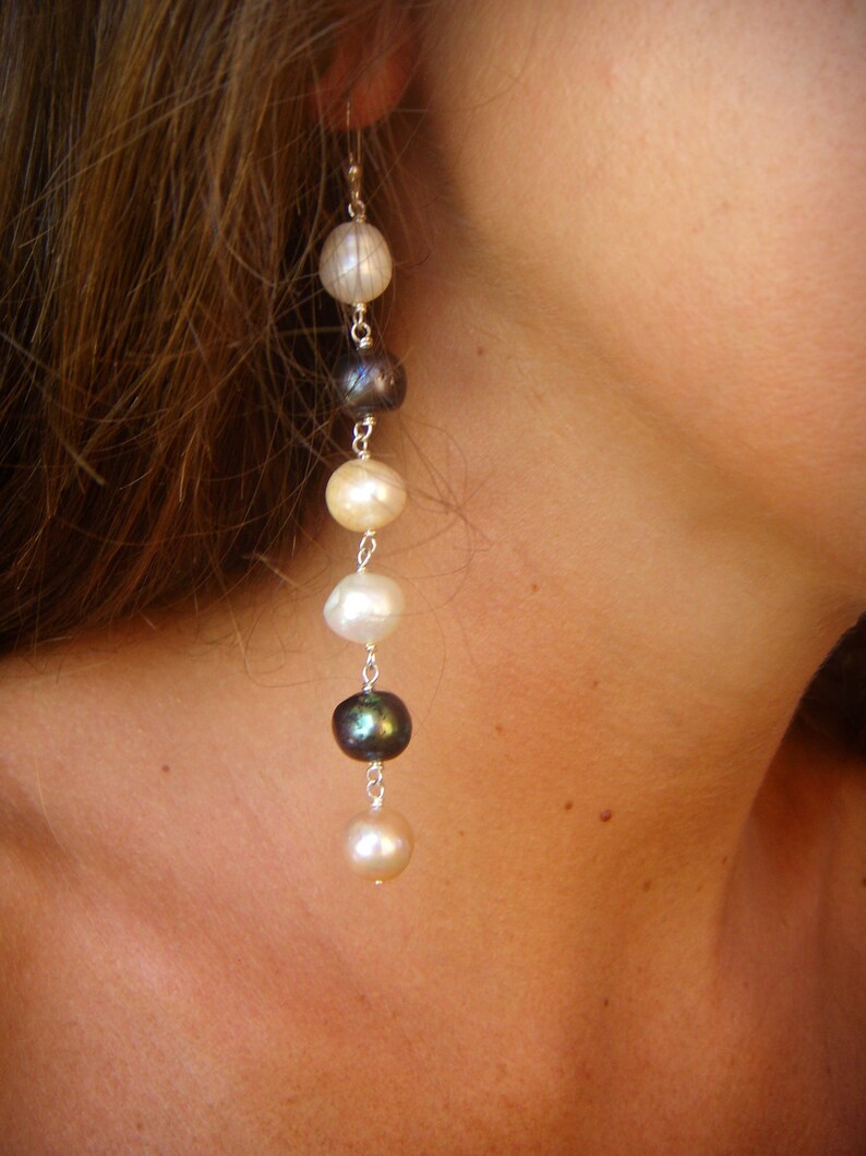 Long Dangle Earrings- Natural Black Pearls - Large Pearls Drop Earrings - Sterling Silver 画像 4