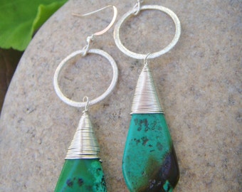 Turquoise Earrings - Hammered Silver Earrings - Sterling Silver Hoop Earrings - December Birthstone - Hoop Dangle Earrings