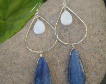 Blue White Earrings - Kyanite & Shell Earrings - Sterling Silver Teardrop Earrings - Mother of Pearl - Long Dangle Earrings