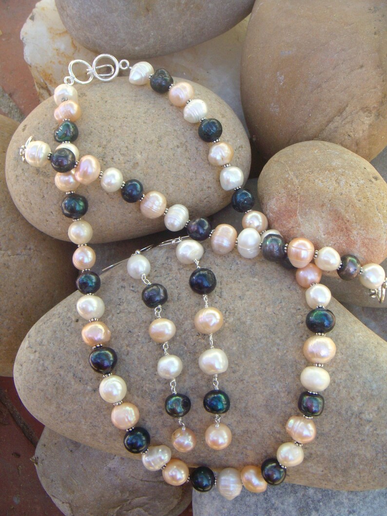 Long Dangle Earrings- Natural Black Pearls - Large Pearls Drop Earrings - Sterling Silver 画像 5