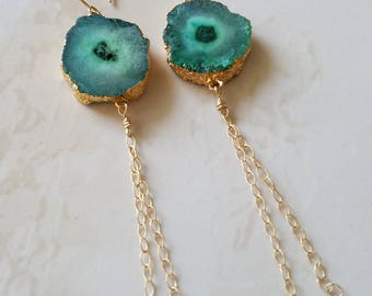 Druzy Earrings - Green Agate Earrings - Long Earrings - Handmade Earrings - Gemstone Earrings - Gold Filled Earrings - Gold Chain Earrings