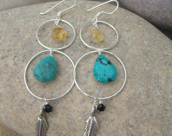 Long Silver Feather Earrings - Native American Earrings - Sterling Silver Hoop Dangle Earrings - Citrine Turquoise Earrings