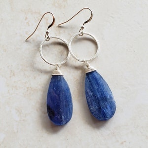 Kyanite Earrings- Small Hoop Dangle Earrings - Sterling Silver Earrings -Denim Blue Earrings - Teardrop Earrings - Healing Gemstones