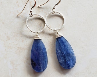 Kyanite Earrings- Small Hoop Dangle Earrings - Sterling Silver Earrings -Denim Blue Earrings - Teardrop Earrings - Healing Gemstones