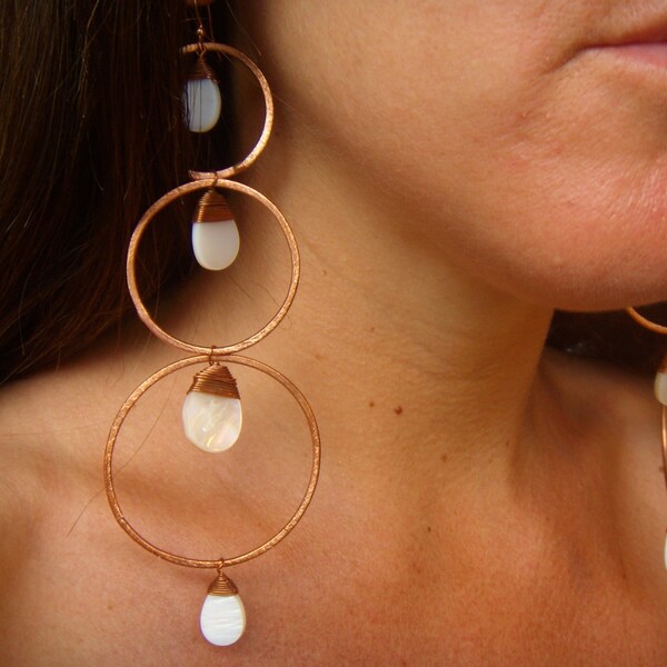 Extra Long Dangle Earrings - Mother of Pearl Shell Earrrings - Copper Earrings - Hoop Earrings- Dramatic Earrings