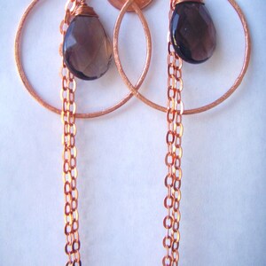 Copper Hoop Chain Earrings Smoky Quartz Earrings Long Dangle Earrings Hammered image 4