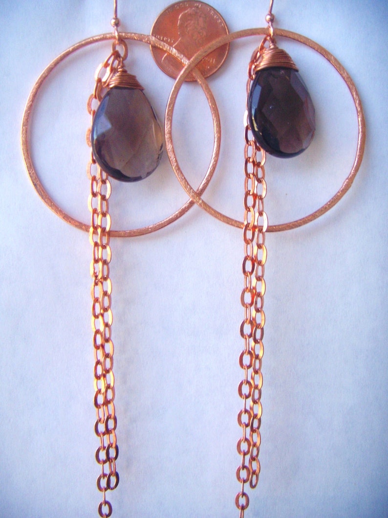 Copper Hoop Chain Earrings Smoky Quartz Earrings Long Dangle Earrings Hammered image 4