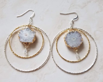 Agate jewelry - White Agate earrings -Statement Earrings - MIxed Metal Earrings -Double Hoop Earrings  - Druzy Jewelry - Crystal Accents
