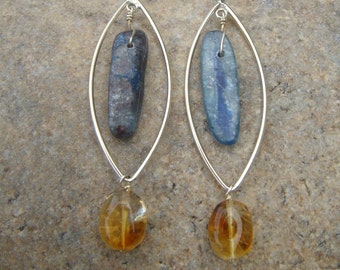 Blue Gold Earrings -  Sterling Silver Dangle Earrings - Citrine Kyanite Earrings - Small Marquise