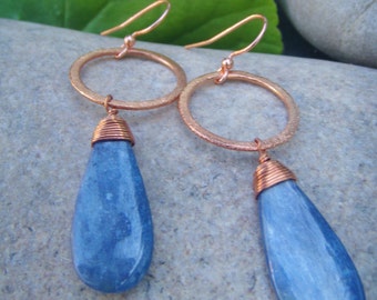 Small Hoop Dangle Earrings - Hammered Copper Earrings -Baby Blue Kyanite Earrings - Blue & Gold