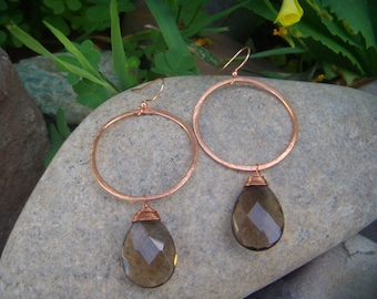 Hoop Dangle Earrings - Smoky Quartz Earrings - Copper Earrings - Large Dangle Earrings - Hammered