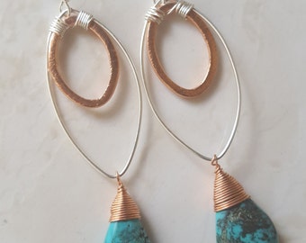 Turquoise Earrings - Mixed Metals - Handmade earrings - Long Dangle Earrings - Marquise earrings - Silver & Copper - Wire wrapped