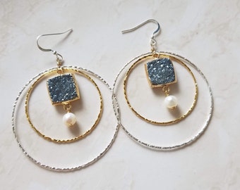 Druzy jewelry- MIxed Metal Earrings -Double Hoop Earrings- Statement Earrings - Silver and Gold - Smoky Blue Druzy Earrings - Pearl accents