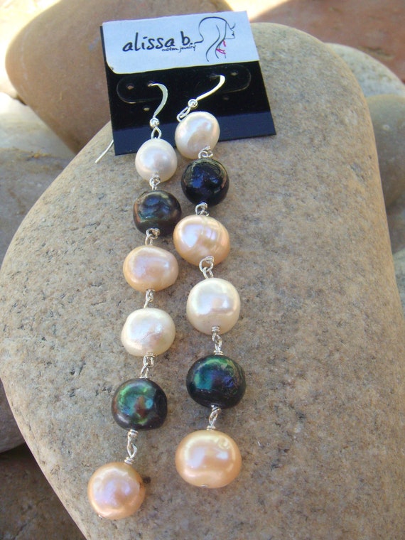 Long Dangle Earrings- Natural Black Pearls - Large Pearls Drop Earrings - Sterling Silver