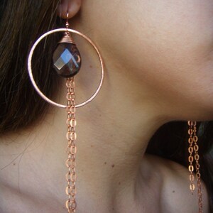 Copper Hoop Chain Earrings Smoky Quartz Earrings Long Dangle Earrings Hammered image 1