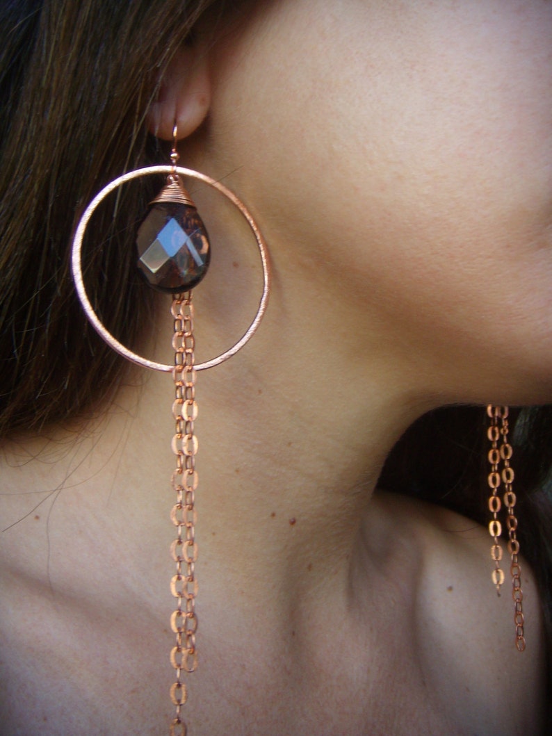 Copper Hoop Chain Earrings Smoky Quartz Earrings Long Dangle Earrings Hammered image 1