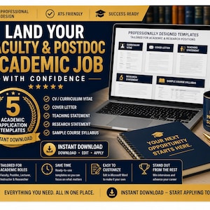 May include: A digital product advertisement for academic job application templates. The text reads: LAND YOUR FACULTY & POSTDOC ACADEMIC JOB WITH CONFIDENCE. It features a laptop displaying document templates, a notebook, and a mug with gold text.