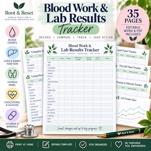 May include: A Blood Work & Lab Results Tracker document set featuring 35 pages of editable Word and PDF templates. The pages include tables for tracking blood counts, liver, kidney, thyroid, cholesterol, and vitamin levels with a green leaf design.