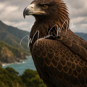 May include: A detailed portrait of a brown eagle with a sharp beak and intense yellow eyes. The eagle is set against a backdrop of a coastal landscape with mountains and a cloudy sky. The image has a signature in the bottom left corner and a watermark.