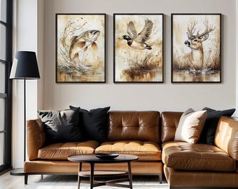 Vintage Animal Canvas Wall Art Prints, Rustic Farmhouse Deer, Duck, Fish Decor