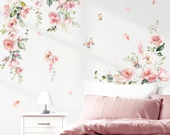 Large Pink Flower Vine Wall Decals, Hanging Floral Peel and Stick Stickers