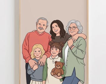 Portrait de famille personnalisé à partir d'une photo | Cadeau personnalisé pour les grands-parents | Illustration numérique | Affiche à imprimer