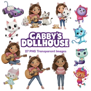 Akvarell Gabbys dockhus PNG-paket, kattvänner Clipart, scrapbooking, barnfestkonst, födelsedagsfestdekor, direktnedladdning