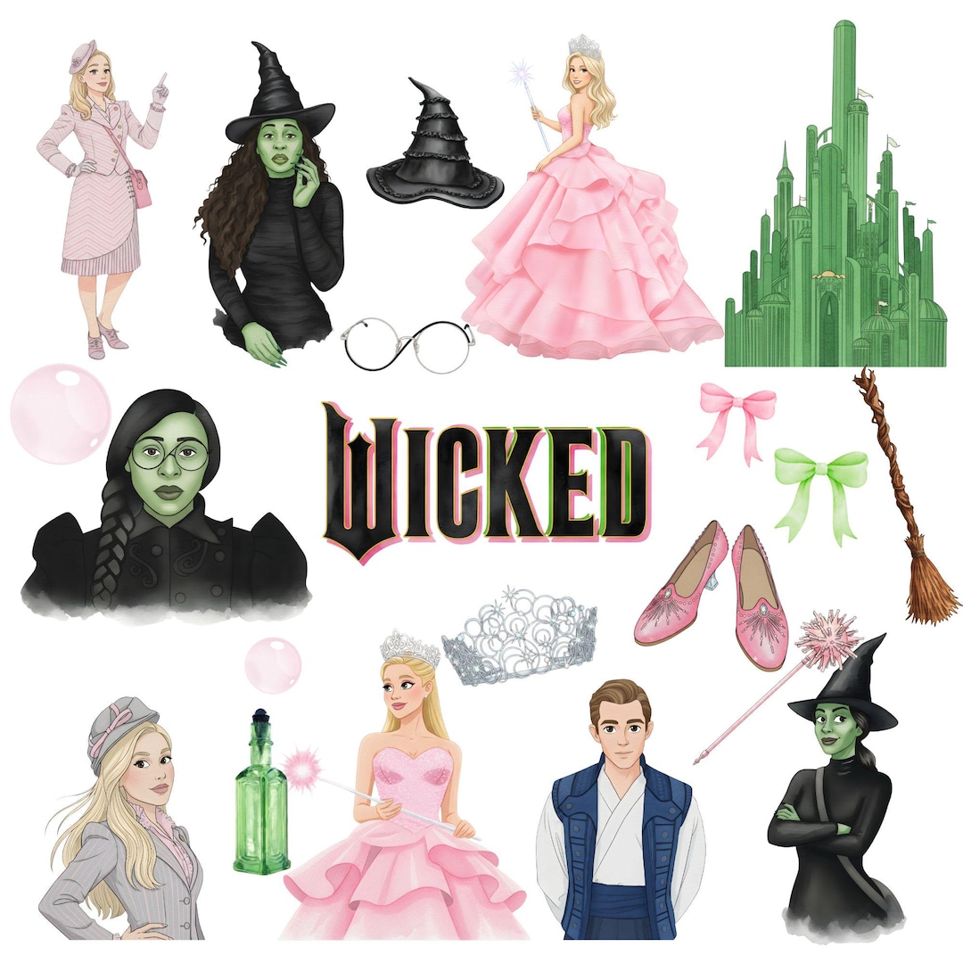 Wicked Clipart Set, Elphaba and Glinda PNG, Cute Witch Clipart, Emerald ...
