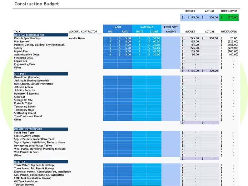 Construction Budget Template Excel and Google Sheets Simple Building ...