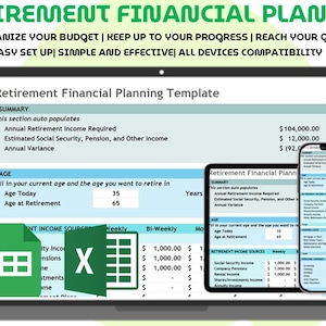 May include: A digital retirement financial planner displayed on a laptop, tablet, and smartphone. The screens show a financial planning template with sections for income, age, and budget organization. Text reads: "Retirement Financial Planner."
