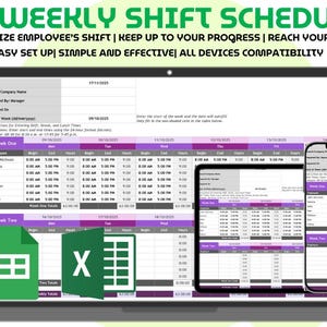 Könnte beinhalten: Ein digitaler Zwei-Wochen-Schichtplan, der auf einem Laptop, Tablet und Smartphone angezeigt wird. Der Zeitplan ist lila und weiß, mit dem Text "BIWEEKLY SHIFT SCHEDULE". Das Bild enthält auch Excel- und Google Sheets-Symbole.