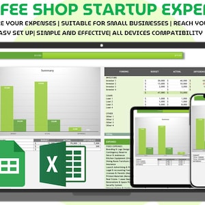 Può includere: Un laptop, un tablet e uno smartphone mostrano un foglio di calcolo verde e bianco intitolato "COFFEE SHOP STARTUP EXPENSE". Lo schermo mostra grafici e dati finanziari, con il testo "ORGANIZE YOUR EXPENSES | SUITABLE FOR SMALL BUSINESSES | REACH YOUR GOALS."