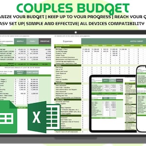 Puede incluir: Una hoja de cálculo de presupuesto para parejas que se muestra en una computadora portátil, una tableta y un teléfono inteligente. La hoja de cálculo muestra categorías de ingresos y gastos. El texto en la parte superior dice "COUPLES BUDGET". Fácil de configurar y compatible con todos los dispositivos.
