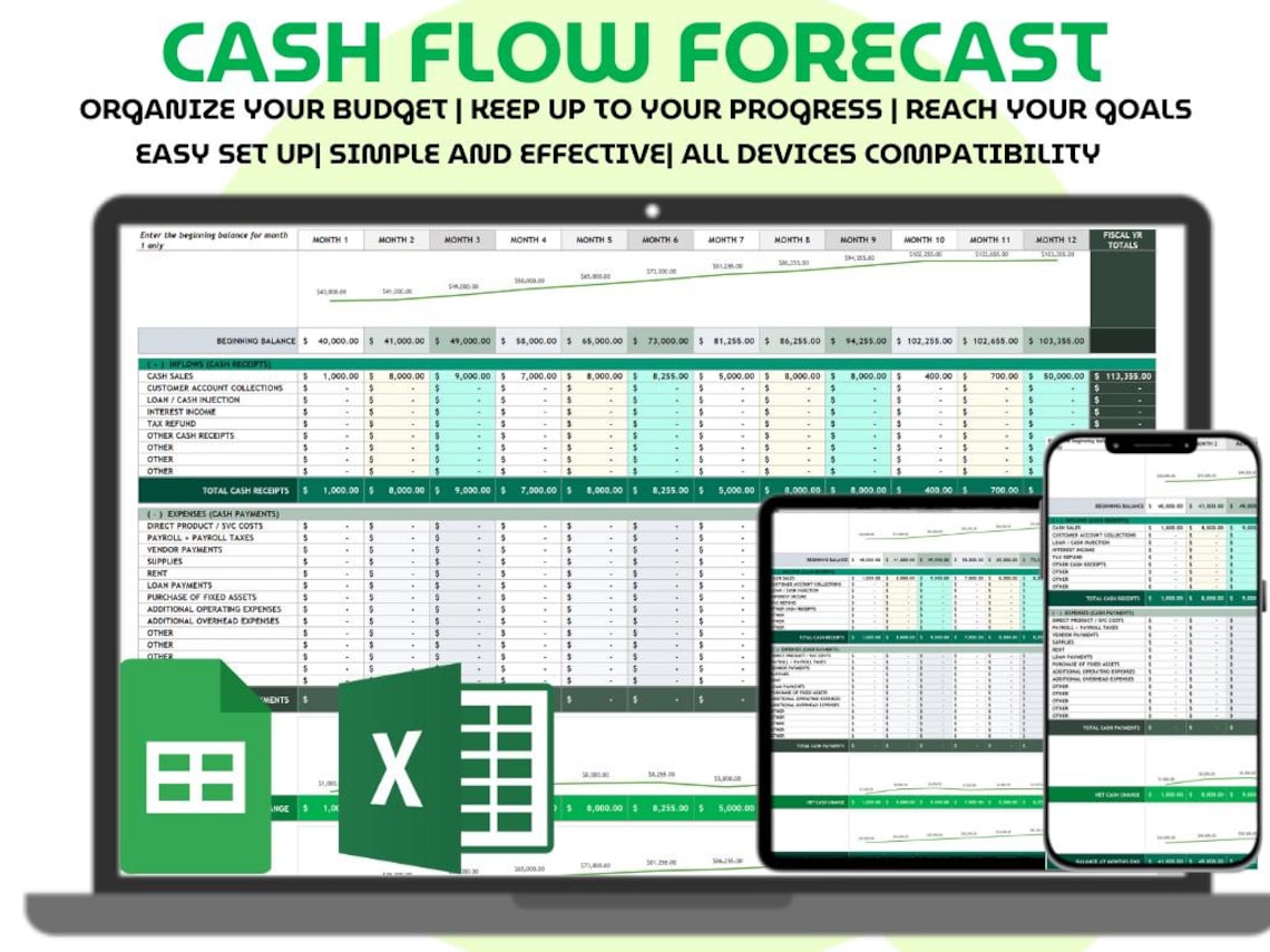 Cash Flow Forecast Spreadsheet Excel Google Sheets Template 12 Month ...