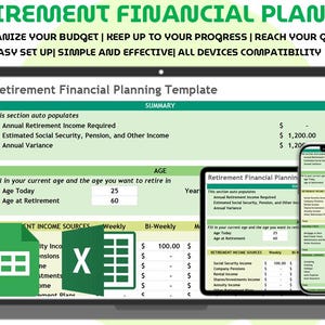 Pode incluir: Um modelo digital de planejador financeiro de aposentadoria exibido em um laptop, tablet e smartphone. As telas mostram dados de planejamento financeiro, incluindo fontes de renda e informações relacionadas à idade. O texto diz: "Planejador Financeiro de Aposentadoria."
