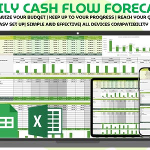 May include: A laptop, tablet, and smartphone display a green and white spreadsheet labeled "DAILY CASH FLOW FORECAST." The text emphasizes organizing budgets, tracking progress, and reaching goals. Icons for Google Sheets and Excel are also visible.