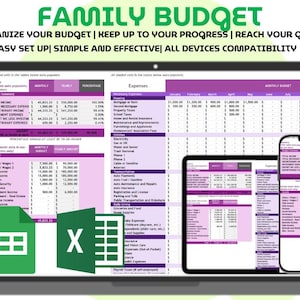 Puede incluir: Una hoja de cálculo de presupuesto familiar se muestra en una computadora portátil, una tableta y un teléfono inteligente. La interfaz es morada y blanca. El texto en la parte superior dice "FAMILY BUDGET" y "ORGANIZE YOUR BUDGET | KEEP UP TO YOUR PROGRESS | REACH YOUR GOALS".