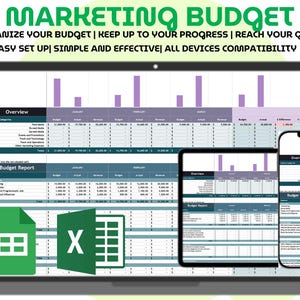 Marketing Budget Tracker Excel Google Sheets annual expense planner with quarterly reports year end dashboard cost analysis visual charts