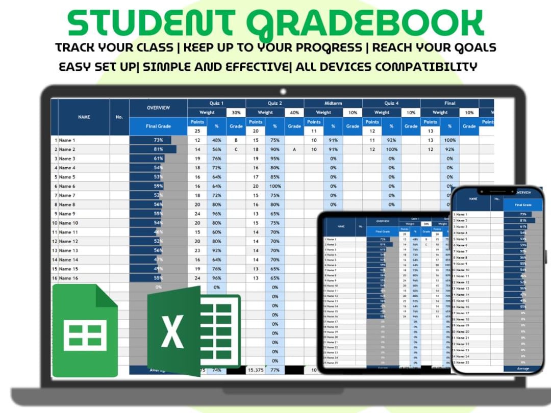 Student Gradebook Template Excel Google Sheets Teacher Grade Tracker ...