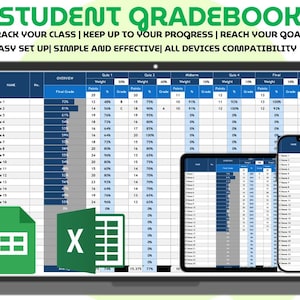 Puede incluir: Un portátil, una tableta y un smartphone muestran una hoja de cálculo de calificaciones de estudiantes. La pantalla muestra columnas para calificaciones, cuestionarios y notas finales. El texto dice "STUDENT GRADEBOOK".